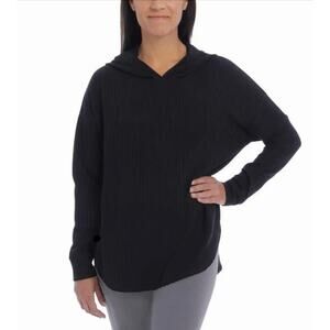 CHASER Hooded Waffle Knit Pullover Thermal Hoodie Hi Low Hem Black Size Large